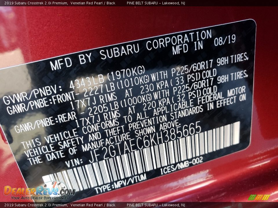 2019 Subaru Crosstrek 2.0i Premium Venetian Red Pearl / Black Photo #9