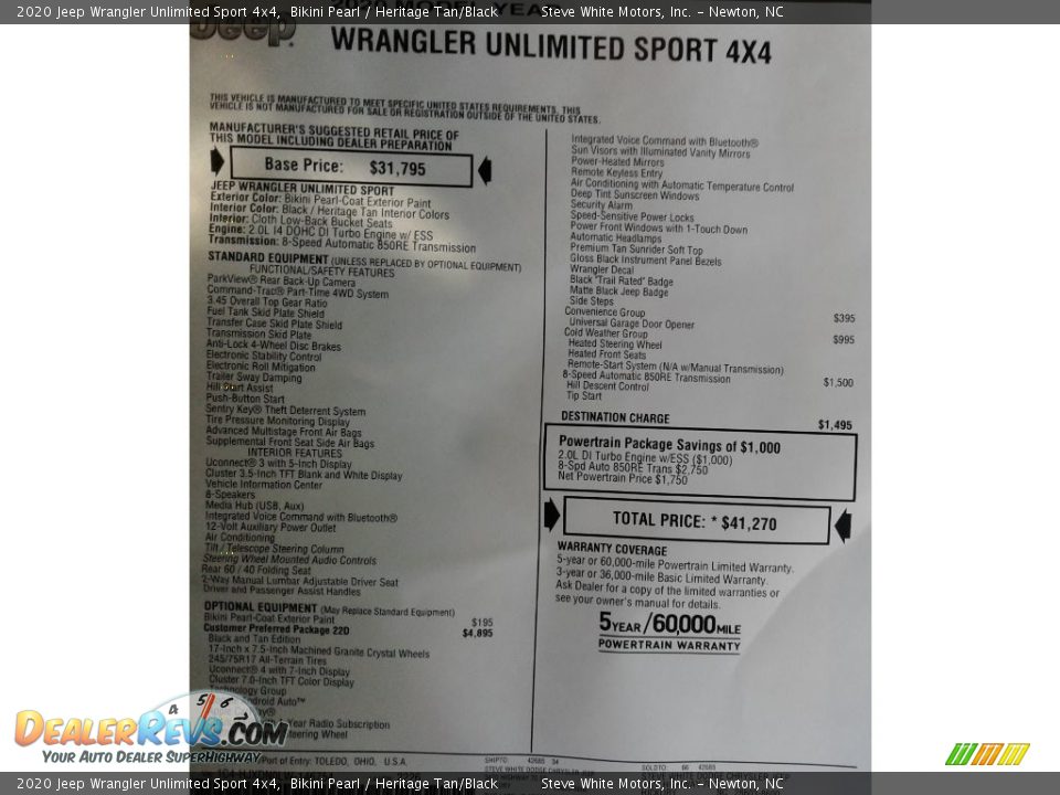 2020 Jeep Wrangler Unlimited Sport 4x4 Bikini Pearl / Heritage Tan/Black Photo #32