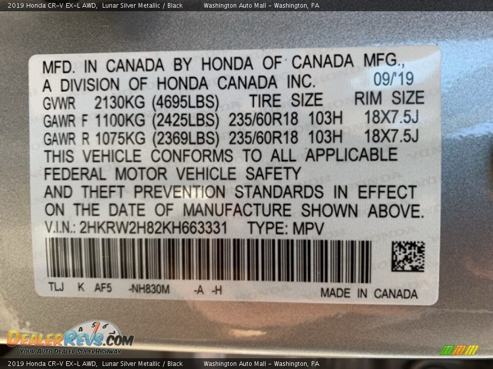 2019 Honda CR-V EX-L AWD Lunar Silver Metallic / Black Photo #9