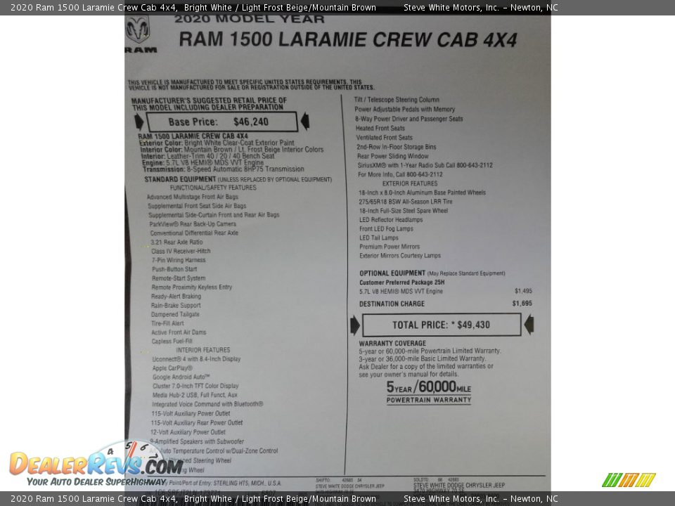 2020 Ram 1500 Laramie Crew Cab 4x4 Bright White / Light Frost Beige/Mountain Brown Photo #34
