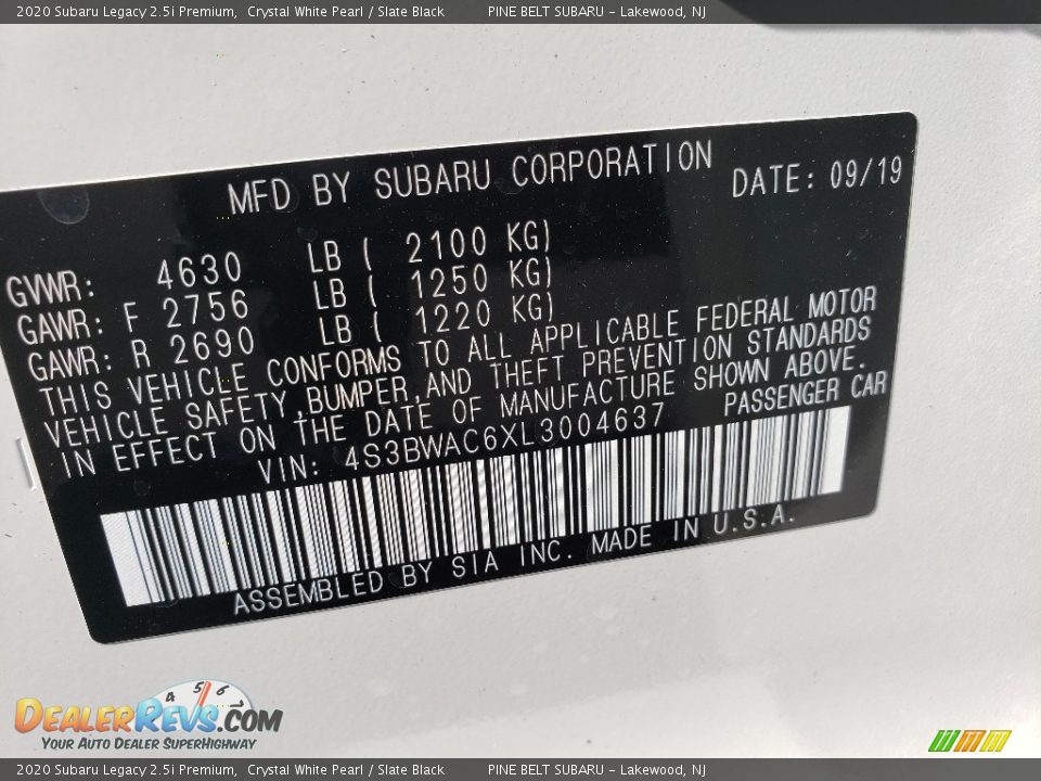2020 Subaru Legacy 2.5i Premium Crystal White Pearl / Slate Black Photo #9
