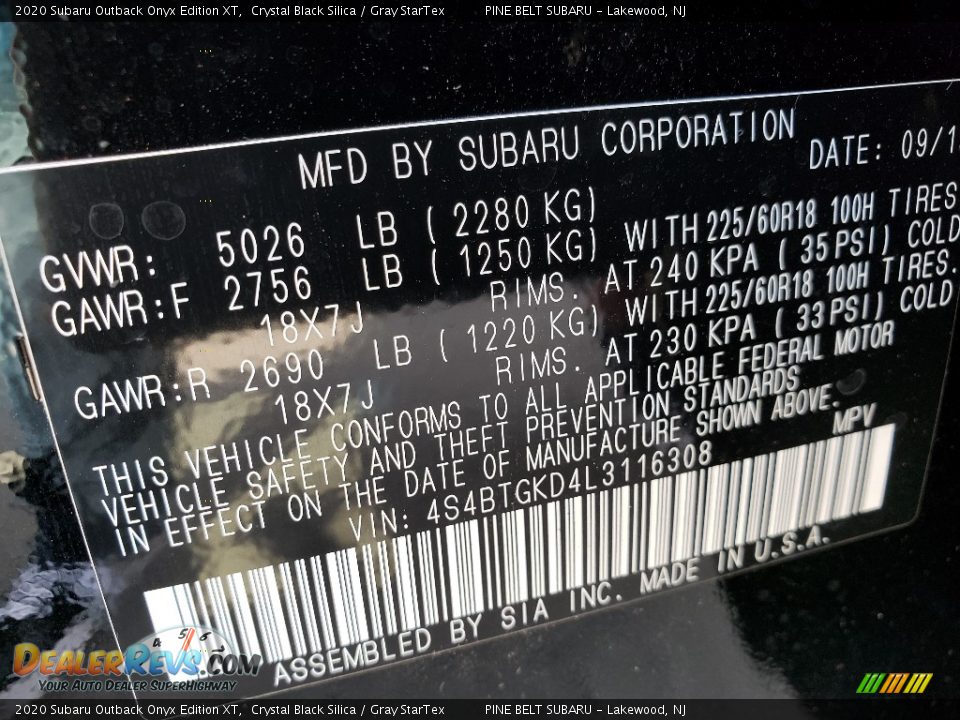 2020 Subaru Outback Onyx Edition XT Crystal Black Silica / Gray StarTex Photo #9