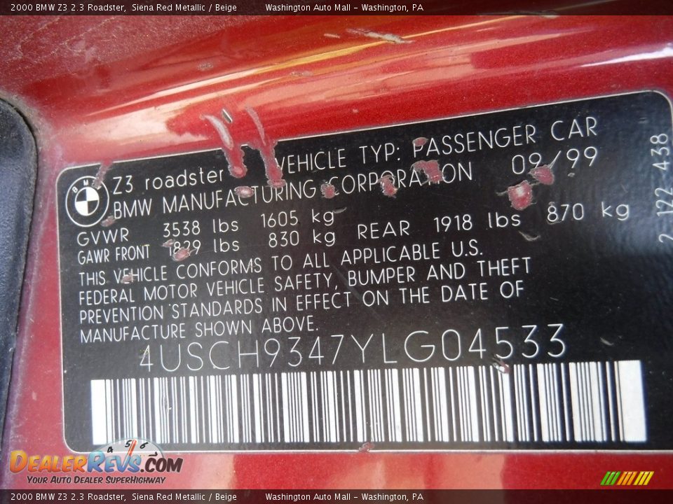 2000 BMW Z3 2.3 Roadster Siena Red Metallic / Beige Photo #25