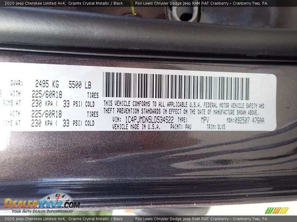 2020 Jeep Cherokee Limited 4x4 Granite Crystal Metallic / Black Photo #13