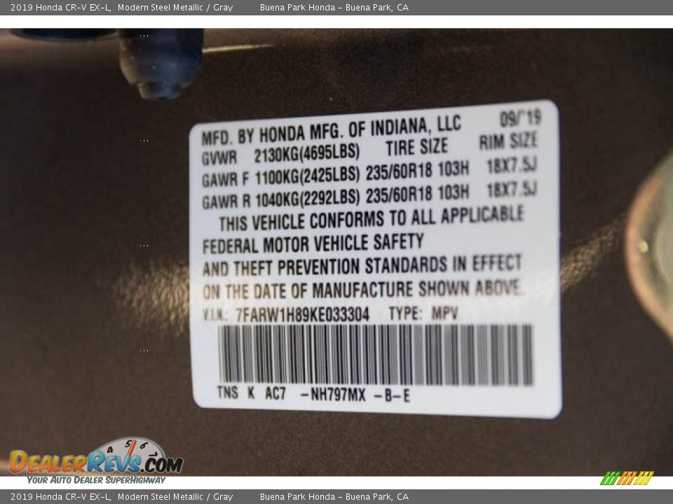 2019 Honda CR-V EX-L Modern Steel Metallic / Gray Photo #28