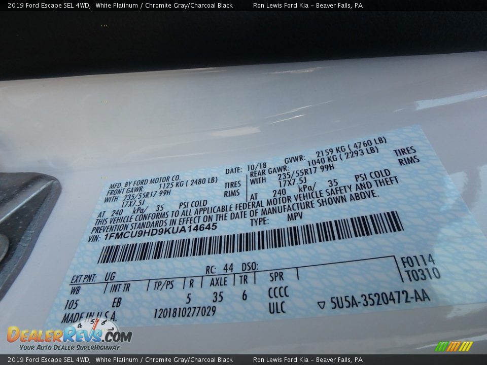 2019 Ford Escape SEL 4WD White Platinum / Chromite Gray/Charcoal Black Photo #12