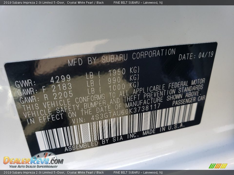 2019 Subaru Impreza 2.0i Limited 5-Door Crystal White Pearl / Black Photo #31