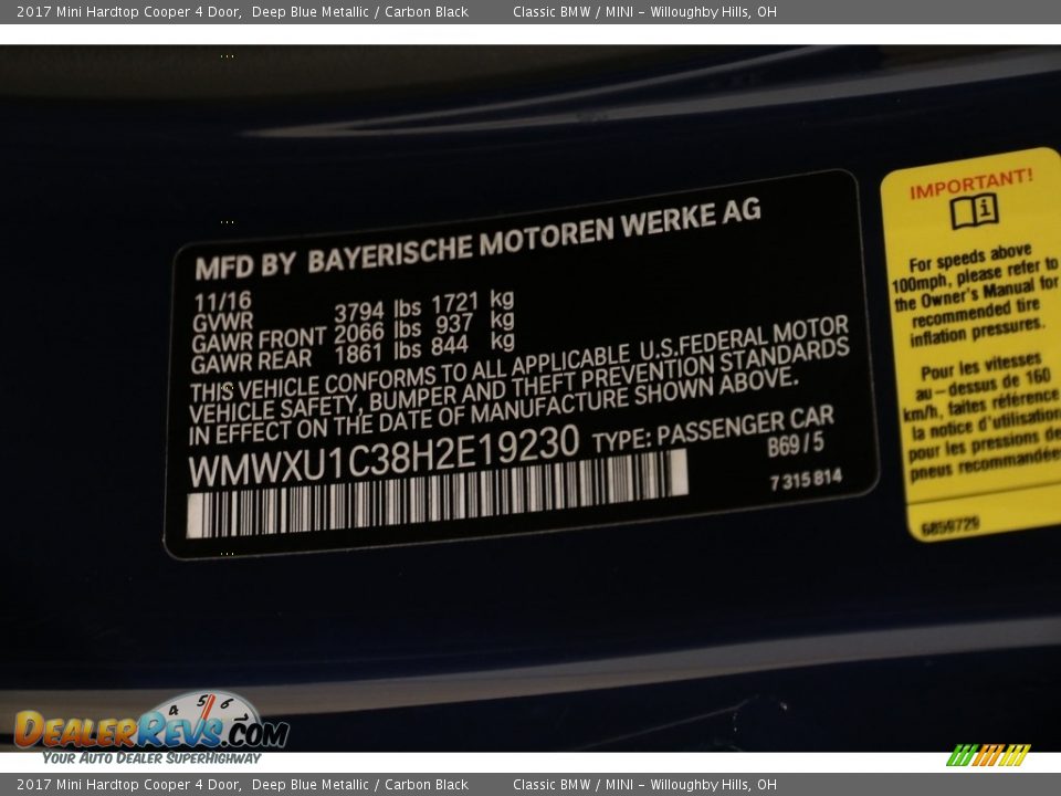 2017 Mini Hardtop Cooper 4 Door Deep Blue Metallic / Carbon Black Photo #21