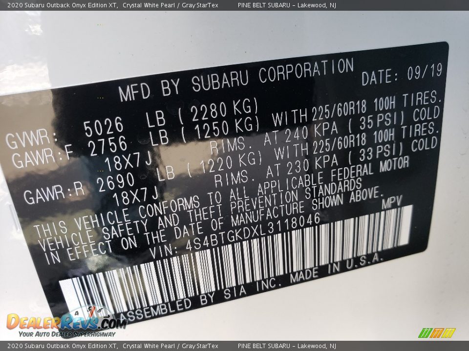 2020 Subaru Outback Onyx Edition XT Crystal White Pearl / Gray StarTex Photo #9