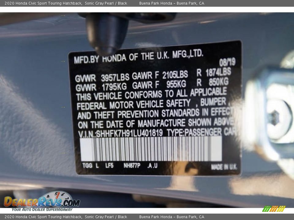 2020 Honda Civic Sport Touring Hatchback Sonic Gray Pearl / Black Photo #32