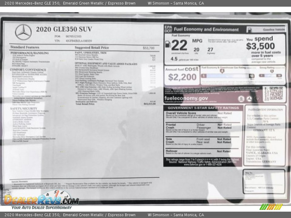 2020 Mercedes-Benz GLE 350 Window Sticker Photo #10