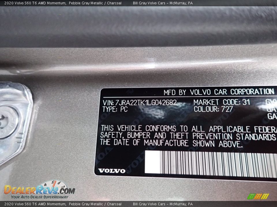 2020 Volvo S60 T6 AWD Momentum Pebble Gray Metallic / Charcoal Photo #11