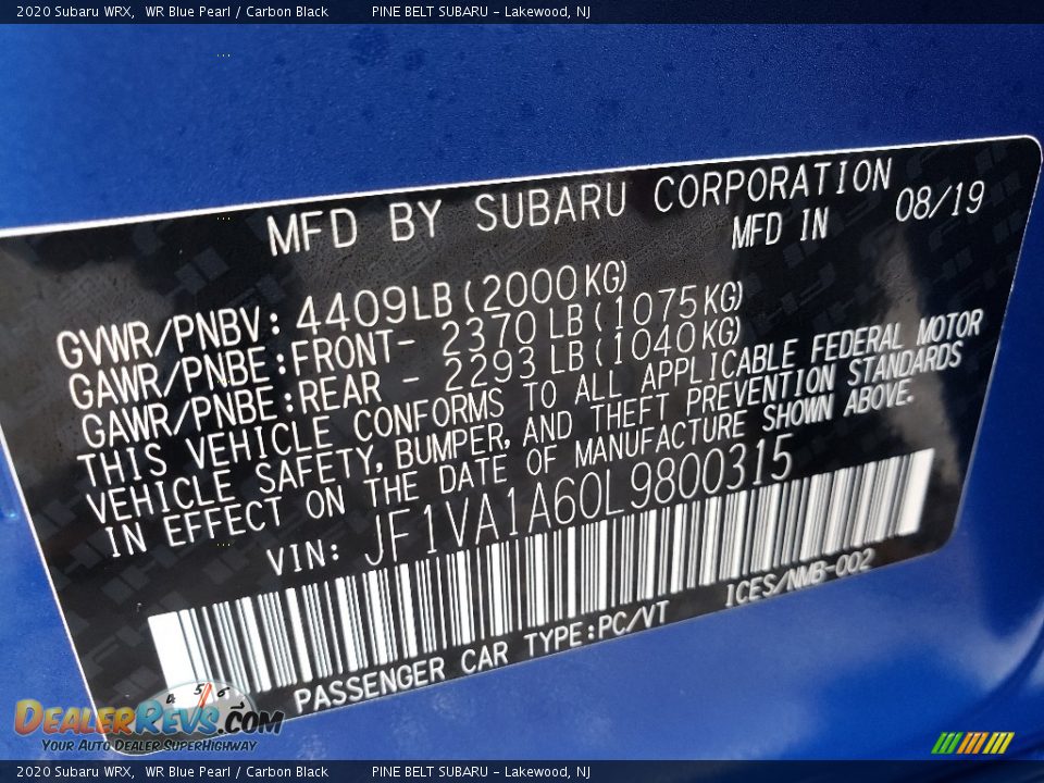 2020 Subaru WRX WR Blue Pearl / Carbon Black Photo #9