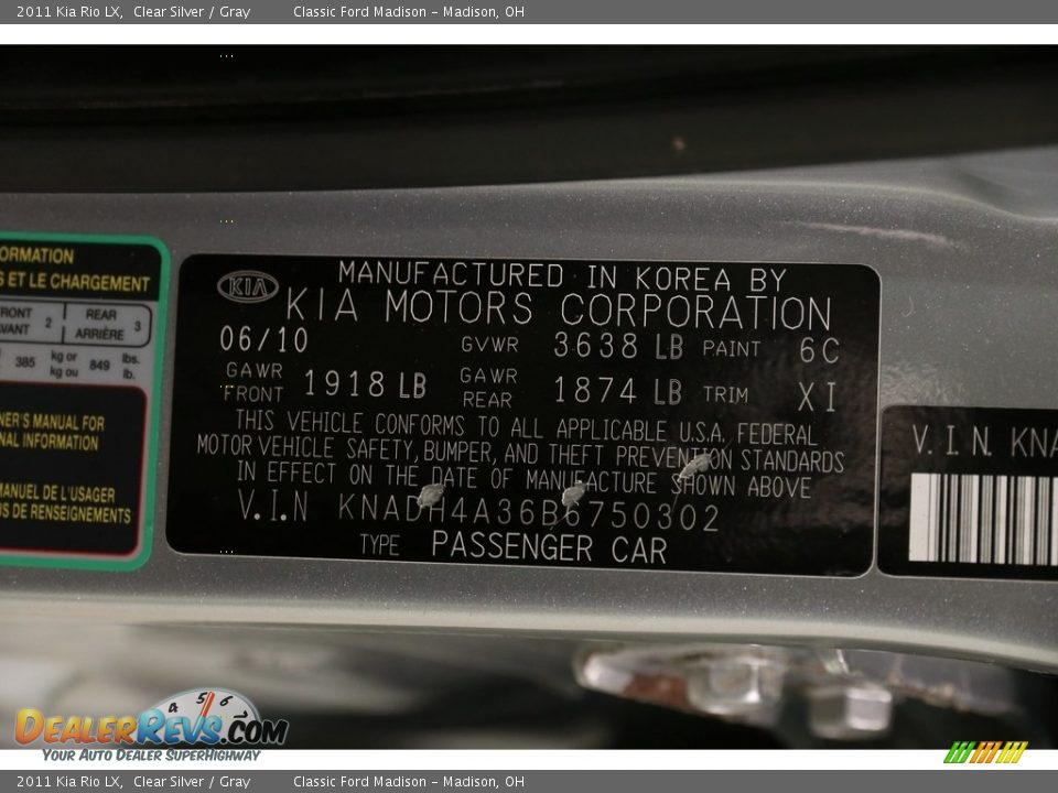 2011 Kia Rio LX Clear Silver / Gray Photo #17