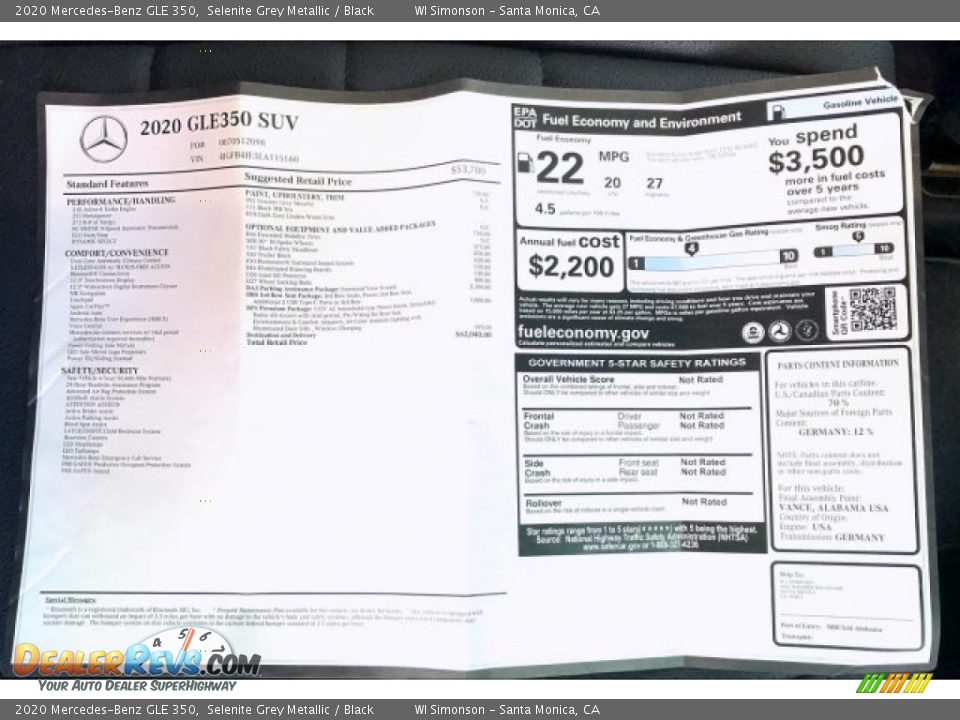 2020 Mercedes-Benz GLE 350 Window Sticker Photo #10