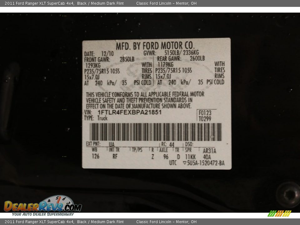 2011 Ford Ranger XLT SuperCab 4x4 Black / Medium Dark Flint Photo #15