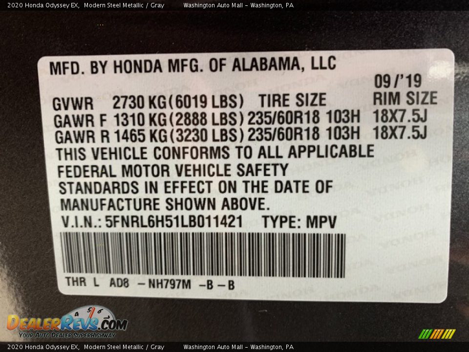 2020 Honda Odyssey EX Modern Steel Metallic / Gray Photo #9