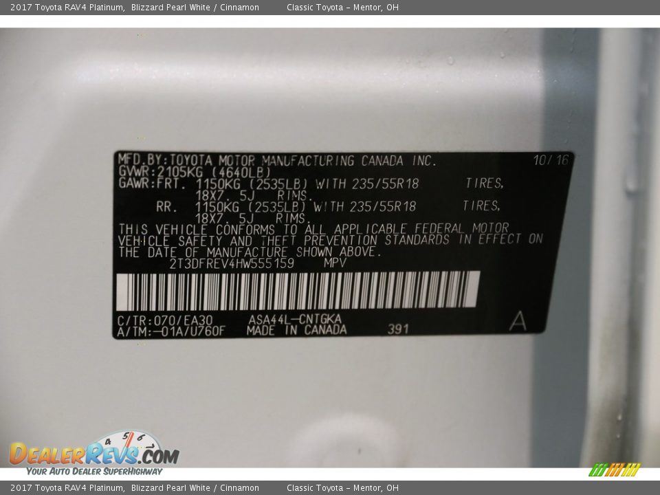 2017 Toyota RAV4 Platinum Blizzard Pearl White / Cinnamon Photo #18