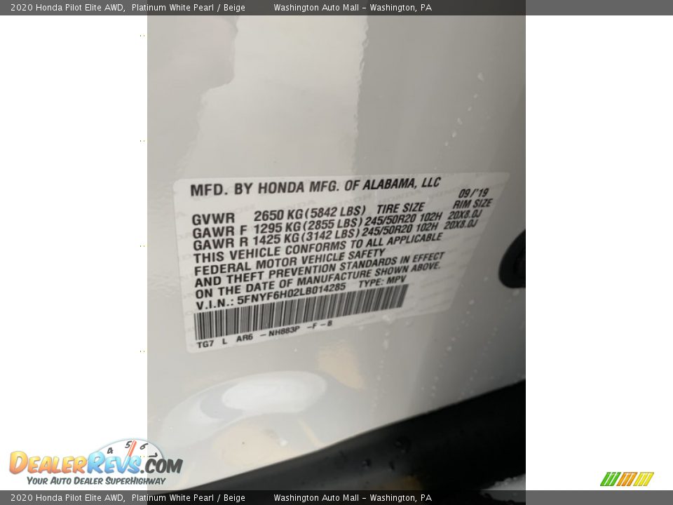 2020 Honda Pilot Elite AWD Platinum White Pearl / Beige Photo #9