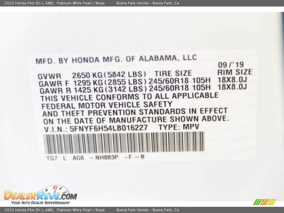 2020 Honda Pilot EX-L AWD Platinum White Pearl / Beige Photo #16