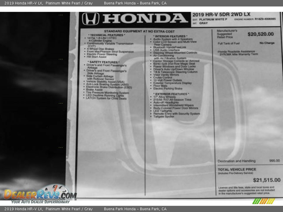 2019 Honda HR-V LX Platinum White Pearl / Gray Photo #34