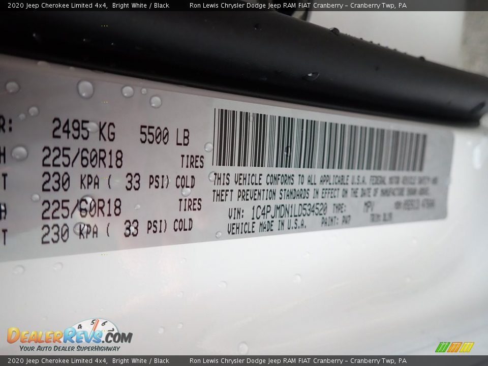 2020 Jeep Cherokee Limited 4x4 Bright White / Black Photo #16