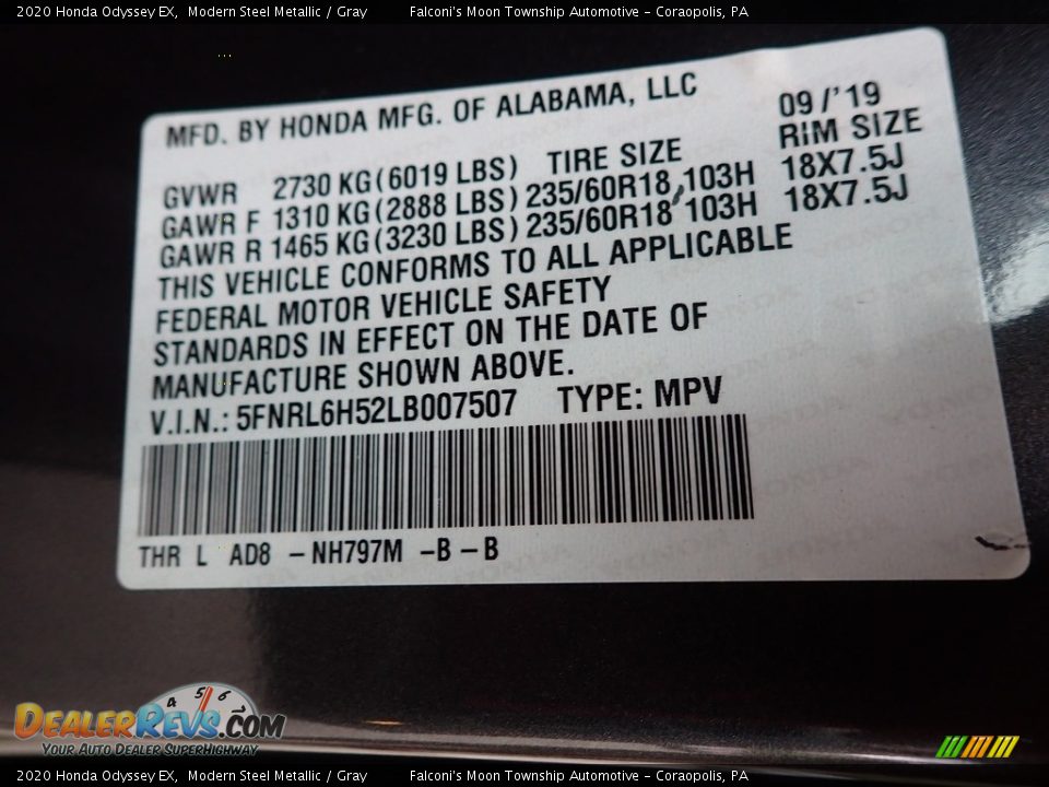 2020 Honda Odyssey EX Modern Steel Metallic / Gray Photo #12