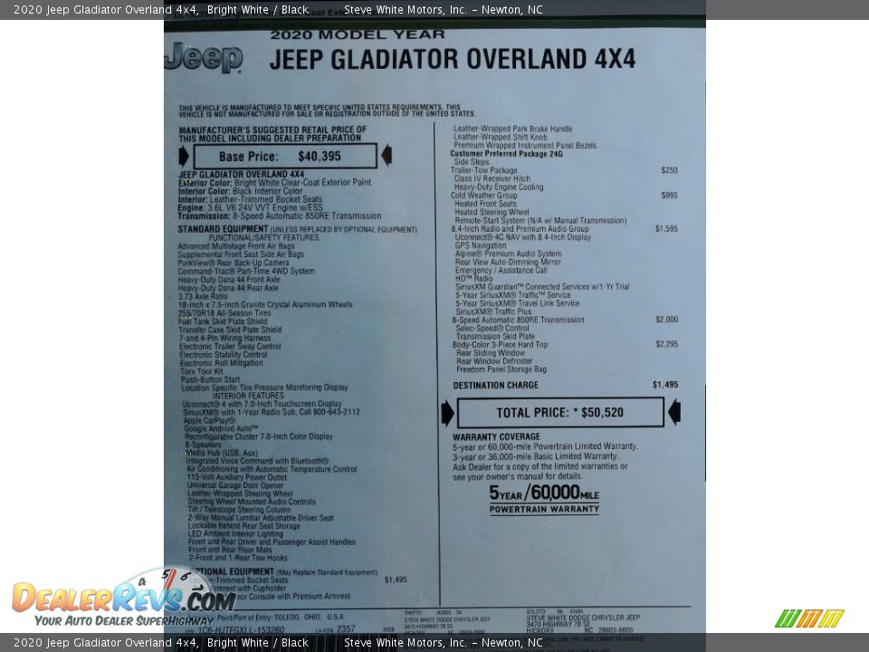 2020 Jeep Gladiator Overland 4x4 Bright White / Black Photo #35