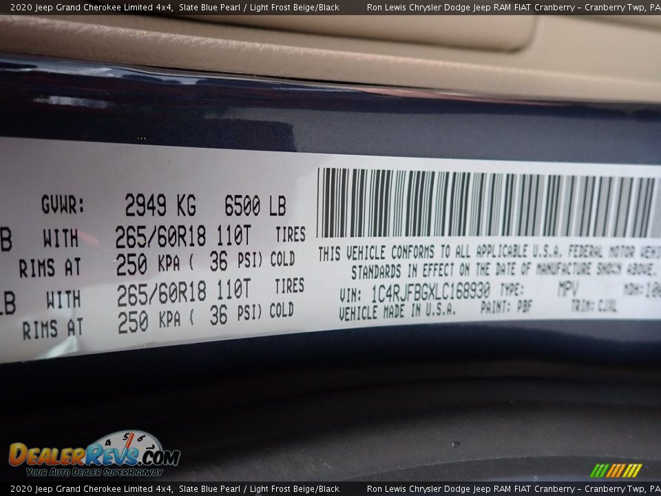 2020 Jeep Grand Cherokee Limited 4x4 Slate Blue Pearl / Light Frost Beige/Black Photo #15