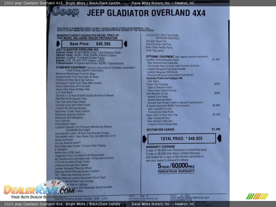 2020 Jeep Gladiator Overland 4x4 Bright White / Black/Dark Saddle Photo #31