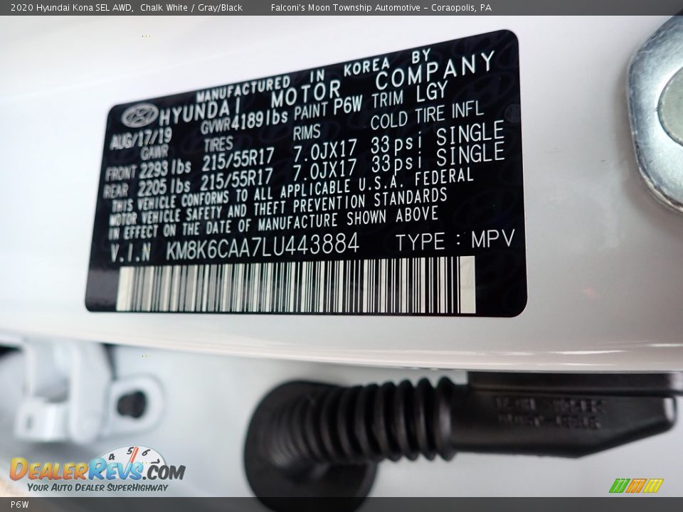 Hyundai Color Code P6W Chalk White