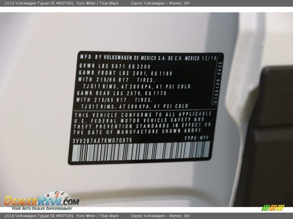 2019 Volkswagen Tiguan SE 4MOTION Pure White / Titan Black Photo #20