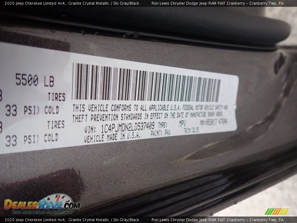 2020 Jeep Cherokee Limited 4x4 Granite Crystal Metallic / Ski Gray/Black Photo #15