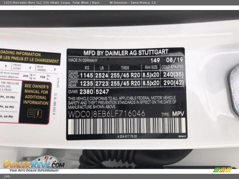 Mercedes-Benz Color Code 149 Polar White