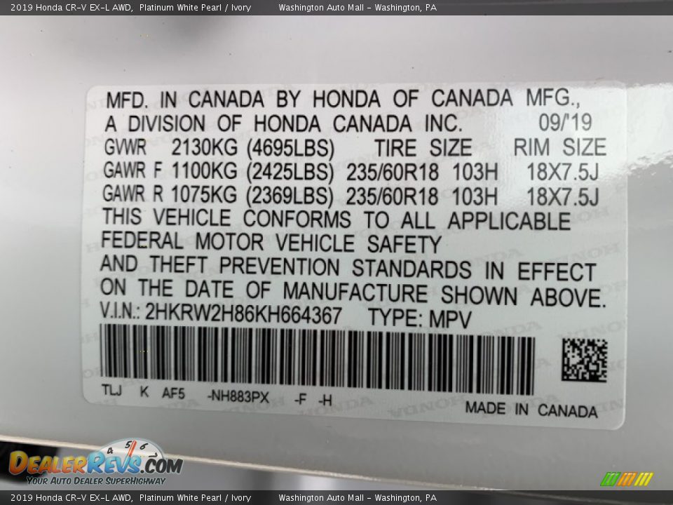 2019 Honda CR-V EX-L AWD Platinum White Pearl / Ivory Photo #9