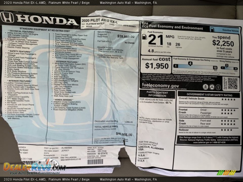 2020 Honda Pilot EX-L AWD Platinum White Pearl / Beige Photo #8