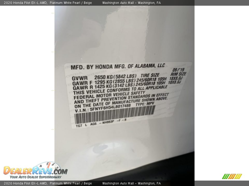 2020 Honda Pilot EX-L AWD Platinum White Pearl / Beige Photo #10
