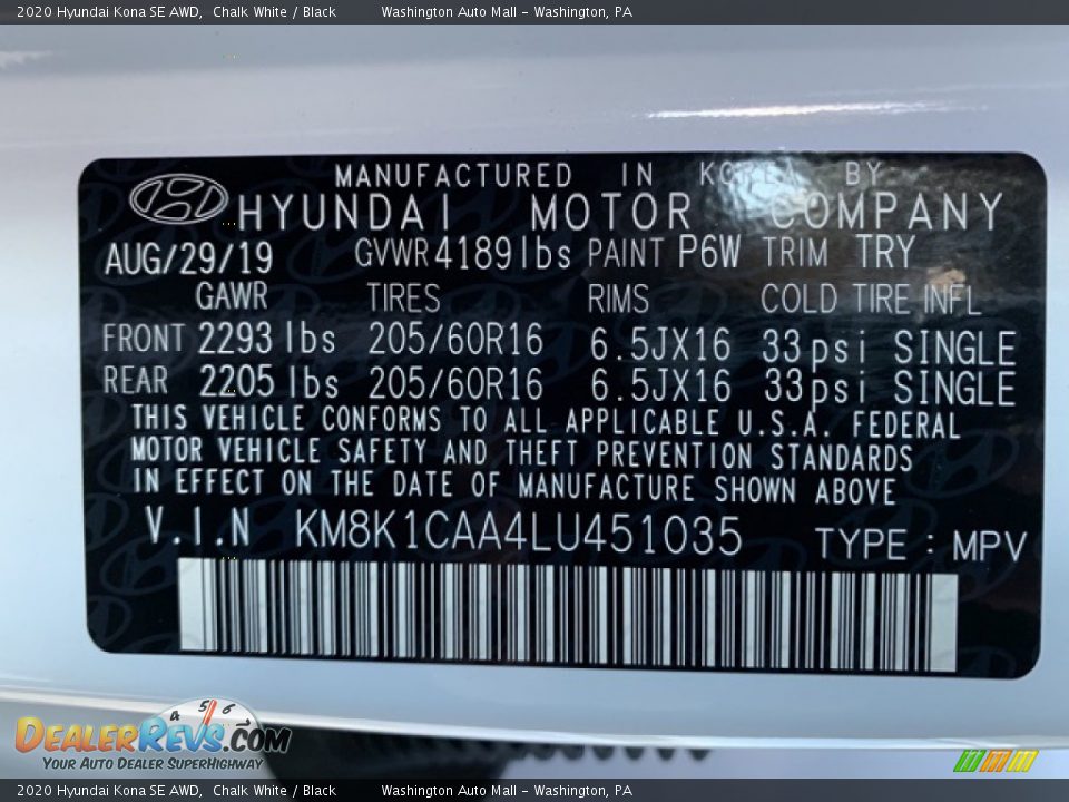 2020 Hyundai Kona SE AWD Chalk White / Black Photo #10