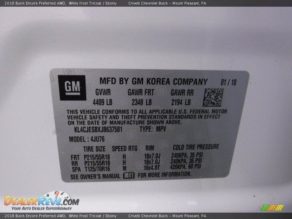 2018 Buick Encore Preferred AWD White Frost Tricoat / Ebony Photo #34