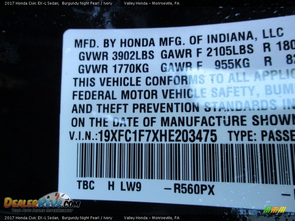 2017 Honda Civic EX-L Sedan Burgundy Night Pearl / Ivory Photo #19