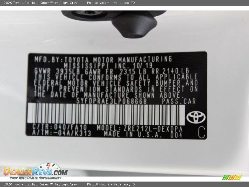 2020 Toyota Corolla L Super White / Light Gray Photo #24