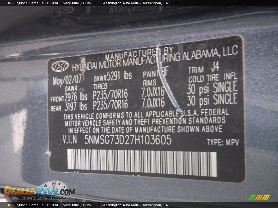 2007 Hyundai Santa Fe GLS 4WD Slate Blue / Gray Photo #26