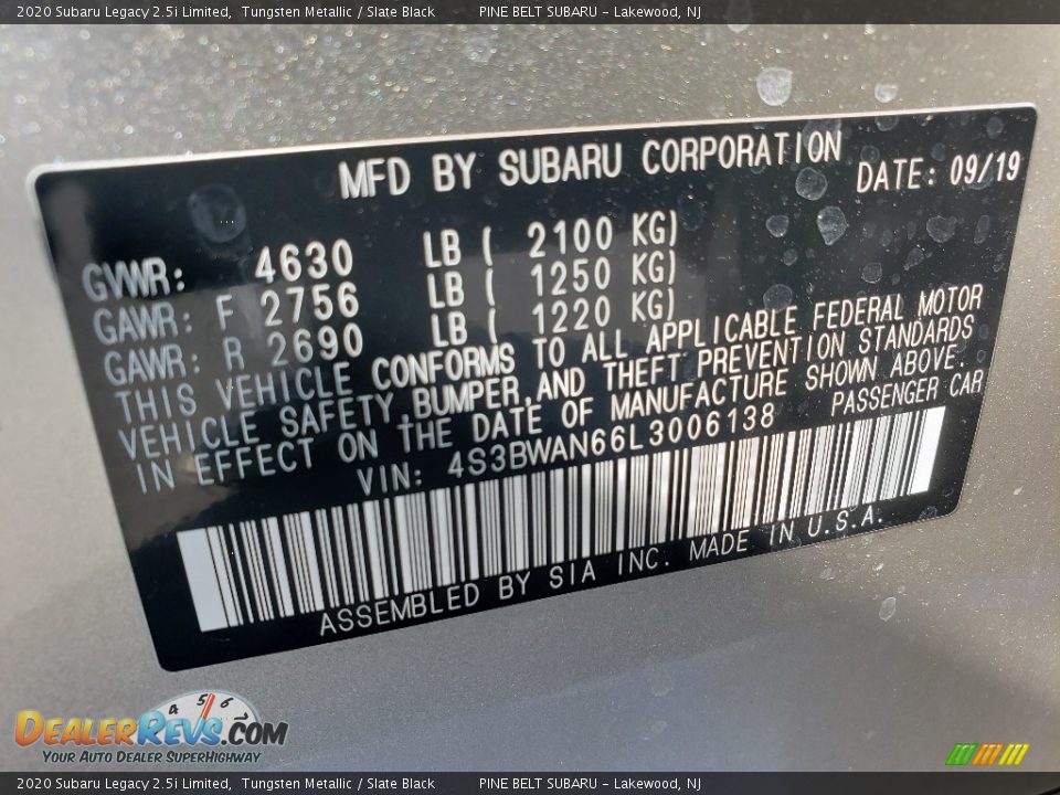 2020 Subaru Legacy 2.5i Limited Tungsten Metallic / Slate Black Photo #9