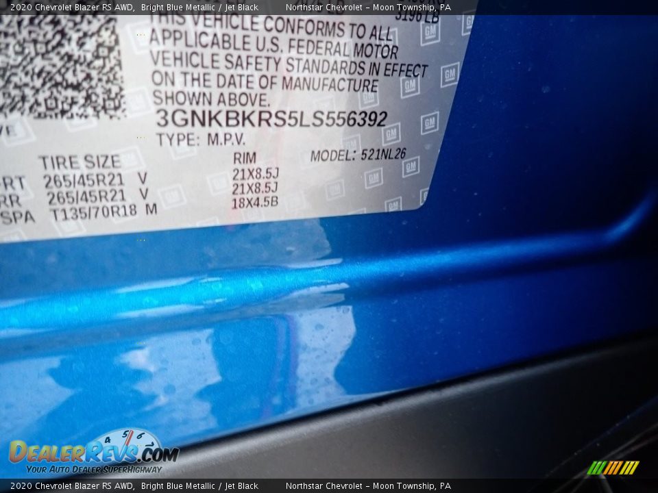 2020 Chevrolet Blazer RS AWD Bright Blue Metallic / Jet Black Photo #16