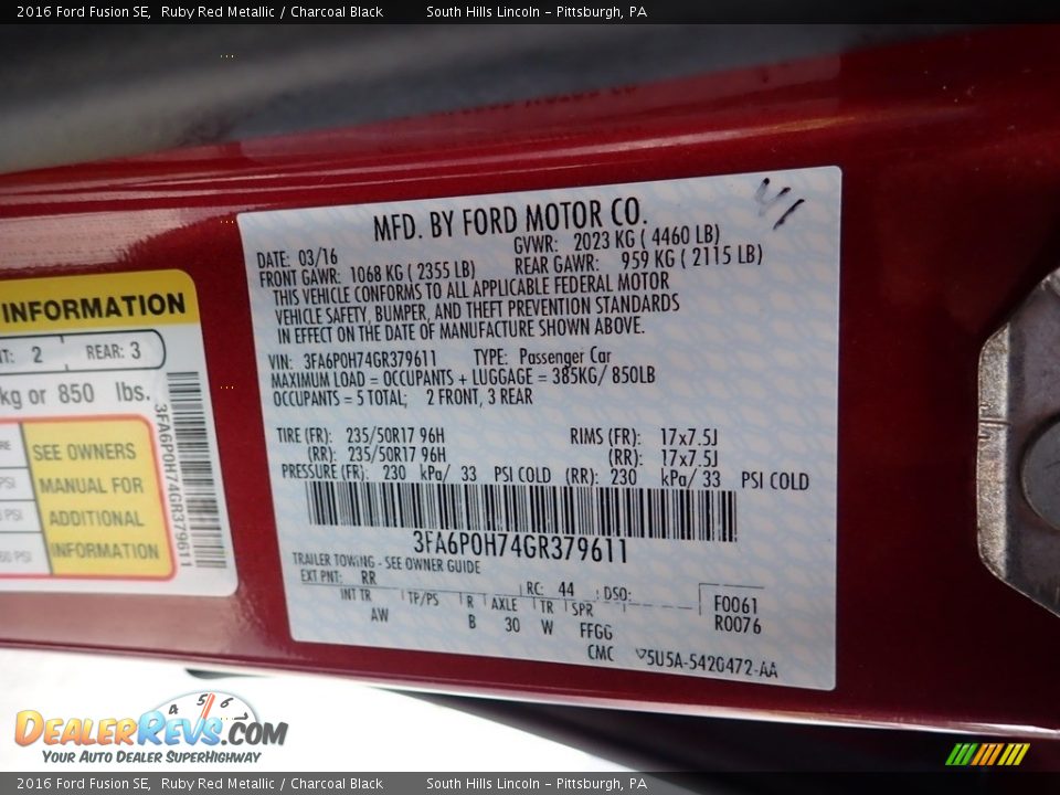 2016 Ford Fusion SE Ruby Red Metallic / Charcoal Black Photo #23