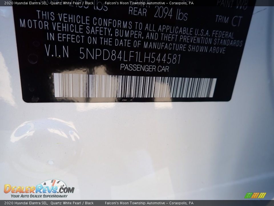2020 Hyundai Elantra SEL Quartz White Pearl / Black Photo #12