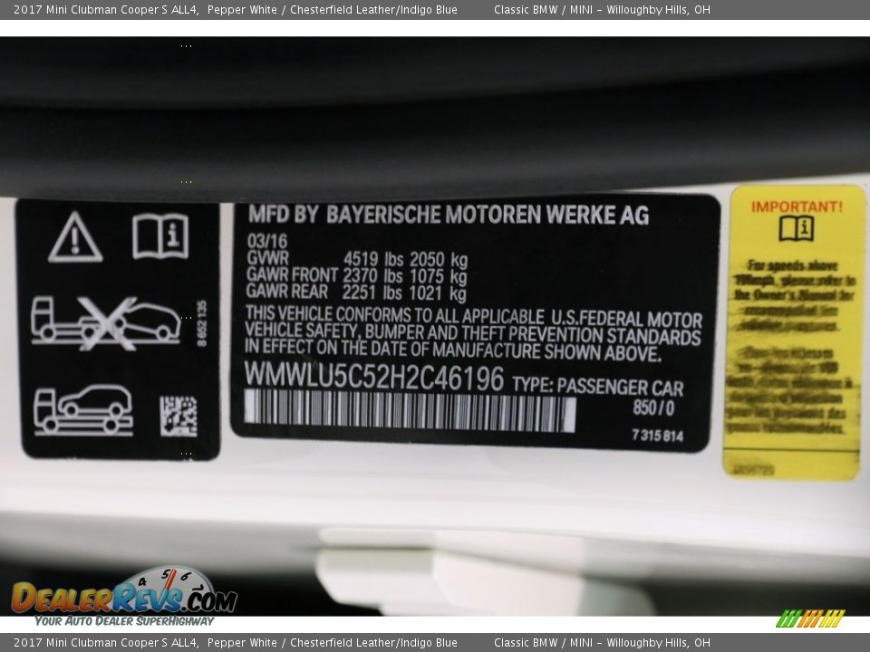 2017 Mini Clubman Cooper S ALL4 Pepper White / Chesterfield Leather/Indigo Blue Photo #22