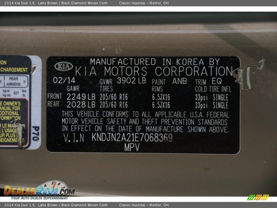 2014 Kia Soul 1.6 Latte Brown / Black Diamond Woven Cloth Photo #18