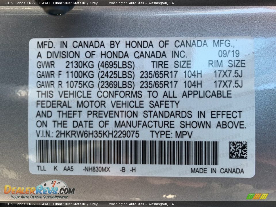2019 Honda CR-V LX AWD Lunar Silver Metallic / Gray Photo #9