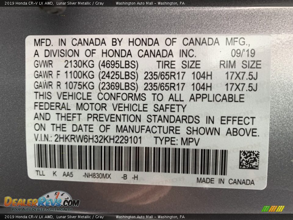 2019 Honda CR-V LX AWD Lunar Silver Metallic / Gray Photo #9